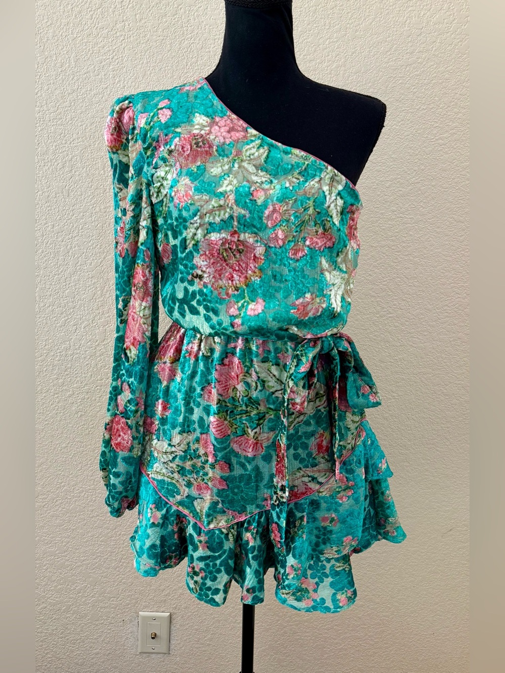 NWT Hermant & Nandita Velvet Teal Floral Metallic One Shoulder Mini Dress Med - Picture 4 of 16